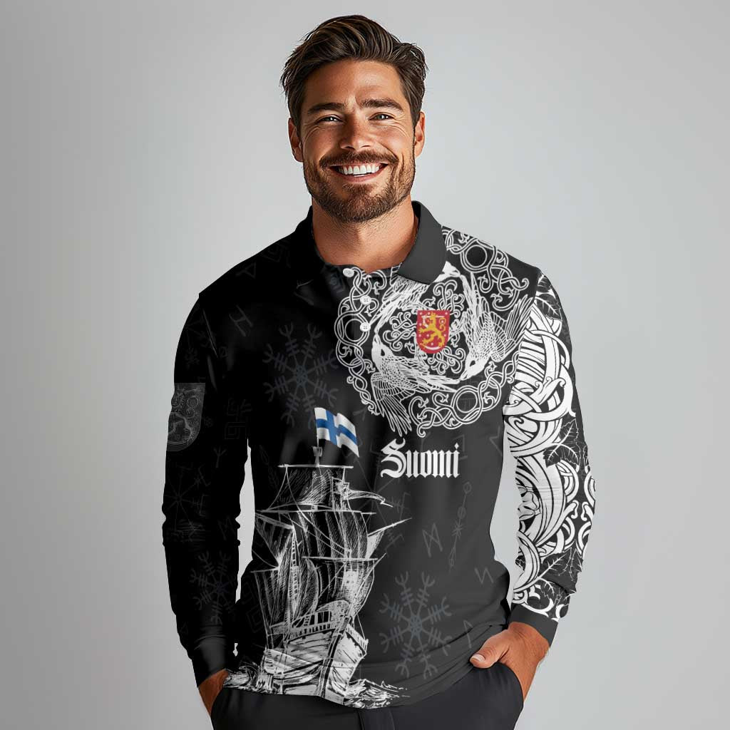 Finland Vikings Culture Long Sleeve Polo Shirt Suomi Viking Ships