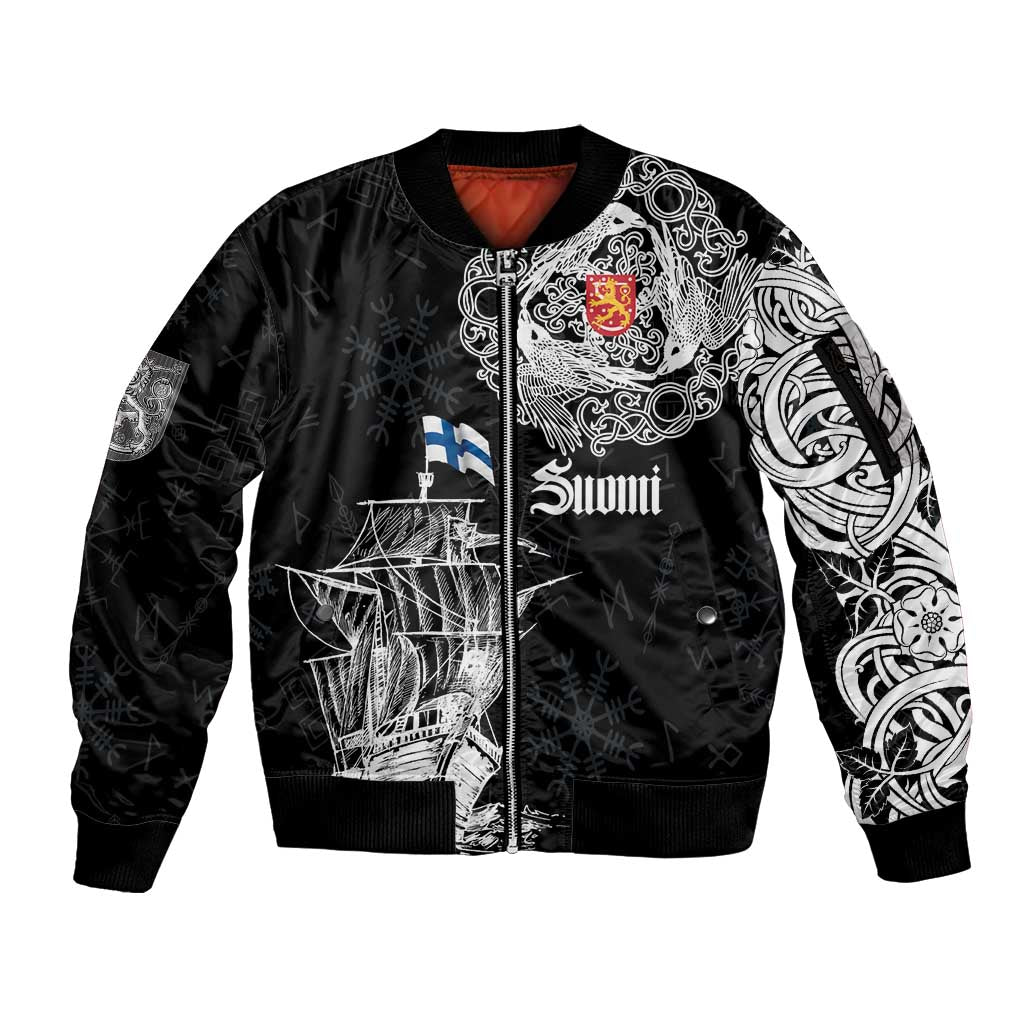 Finland Vikings Culture Sleeve Zip Bomber Jacket Suomi Viking Ships