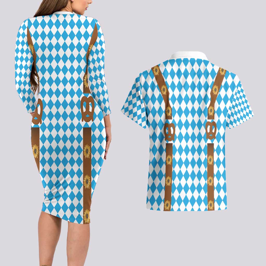 Germany Oktoberfest Couples Matching Long Sleeve Bodycon Dress and Hawaiian Shirt Lederhosen Costume