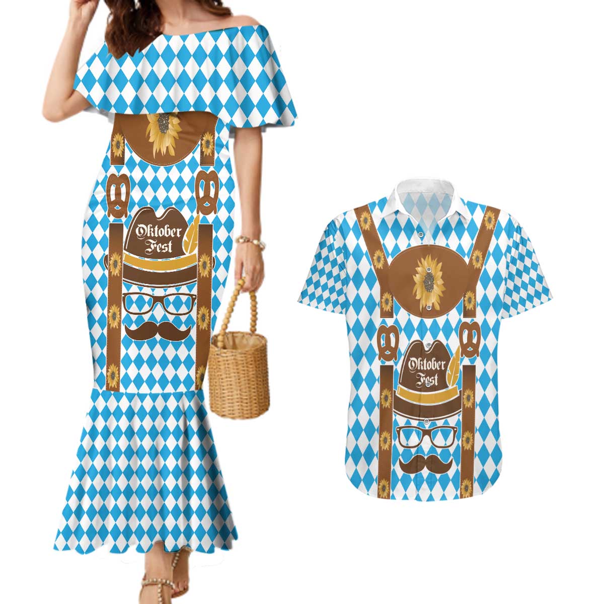 Germany Oktoberfest Couples Matching Mermaid Dress and Hawaiian Shirt Lederhosen Costume