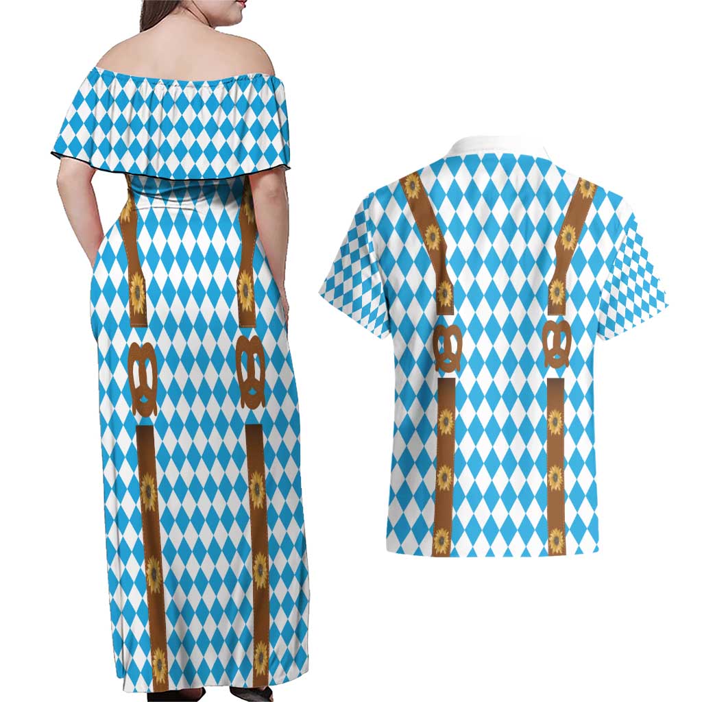 Germany Oktoberfest Couples Matching Off Shoulder Maxi Dress and Hawaiian Shirt Lederhosen Costume
