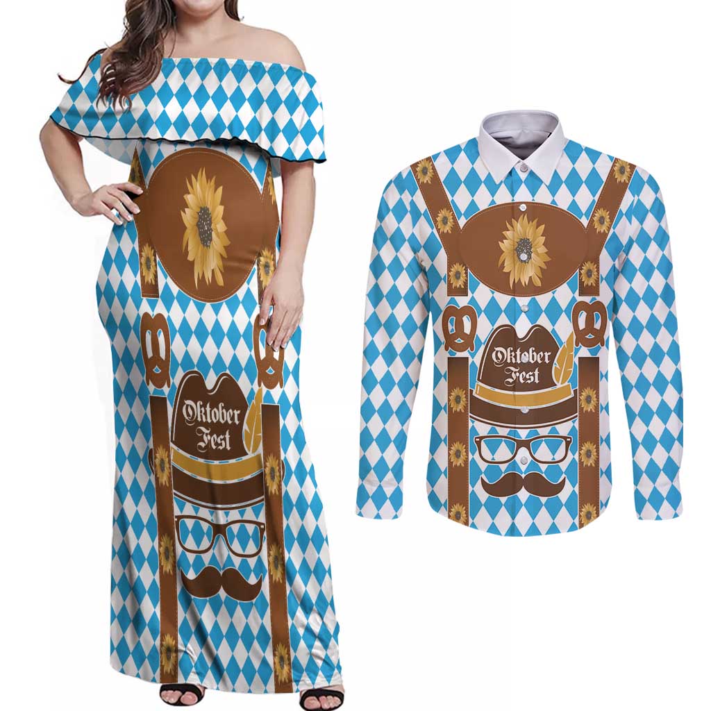 Germany Oktoberfest Couples Matching Off Shoulder Maxi Dress and Long Sleeve Button Shirt Lederhosen Costume
