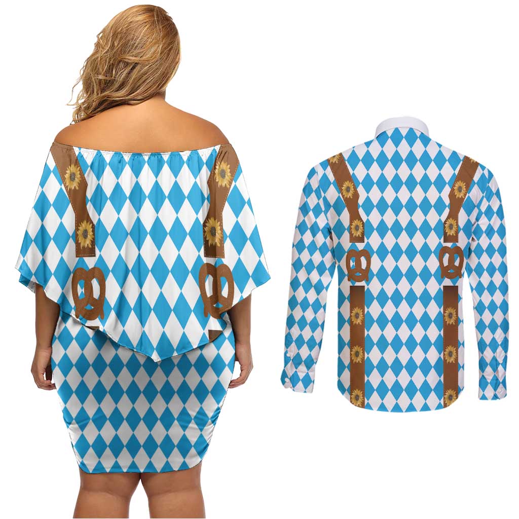 Germany Oktoberfest Couples Matching Off Shoulder Short Dress and Long Sleeve Button Shirt Lederhosen Costume