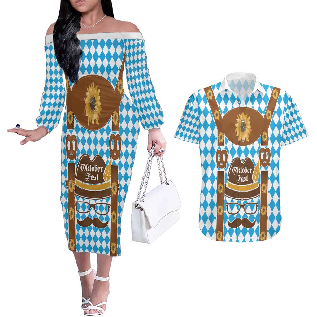 Germany Oktoberfest Couples Matching Off The Shoulder Long Sleeve Dress and Hawaiian Shirt Lederhosen Costume