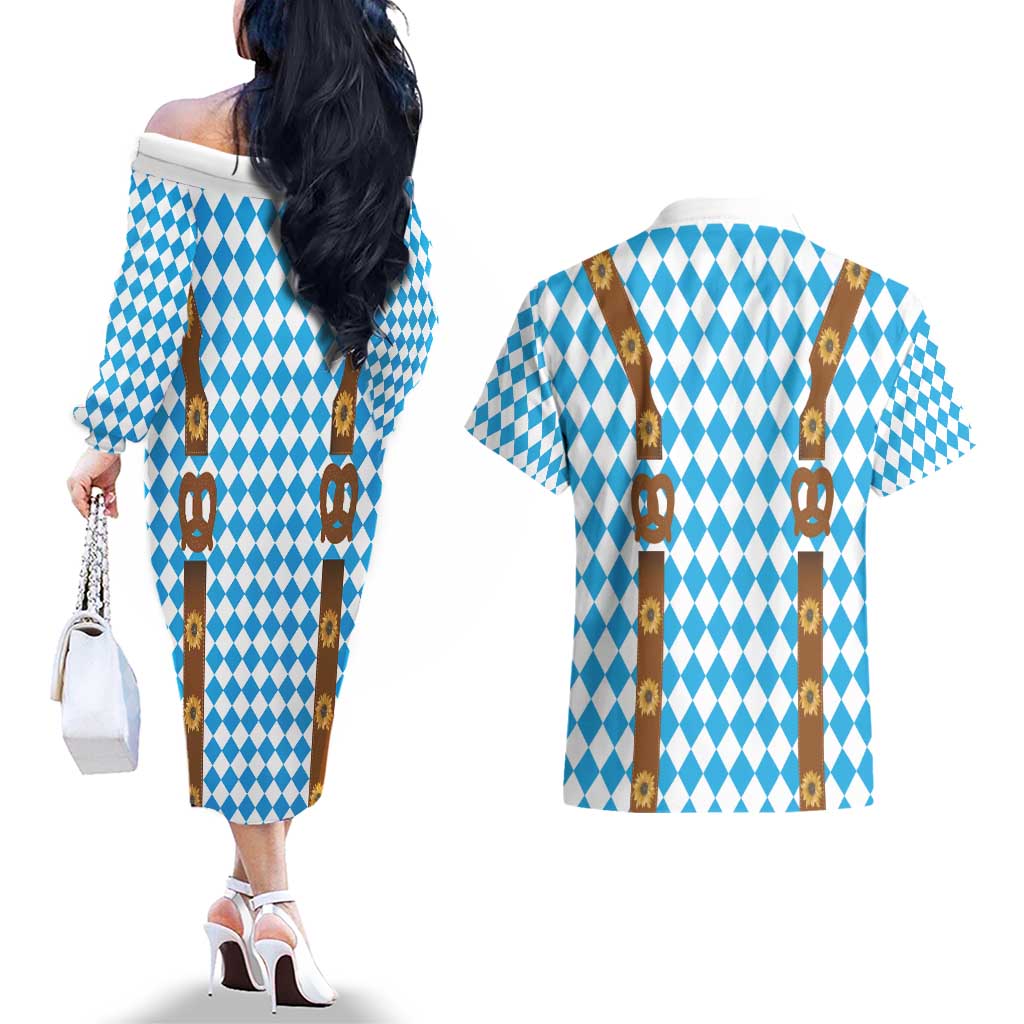 Germany Oktoberfest Couples Matching Off The Shoulder Long Sleeve Dress and Hawaiian Shirt Lederhosen Costume