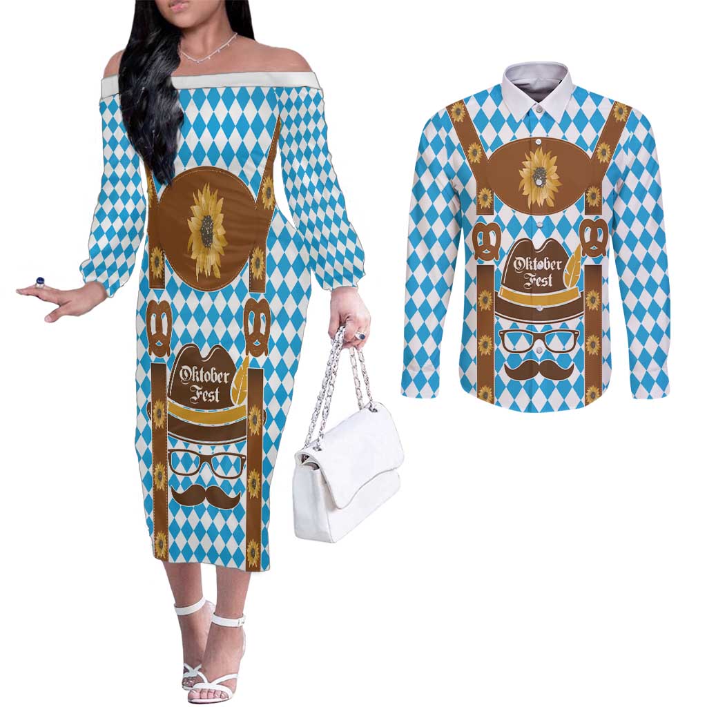 Germany Oktoberfest Couples Matching Off The Shoulder Long Sleeve Dress and Long Sleeve Button Shirt Lederhosen Costume