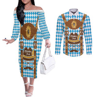 Germany Oktoberfest Couples Matching Off The Shoulder Long Sleeve Dress and Long Sleeve Button Shirt Lederhosen Costume
