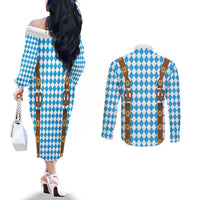 Germany Oktoberfest Couples Matching Off The Shoulder Long Sleeve Dress and Long Sleeve Button Shirt Lederhosen Costume