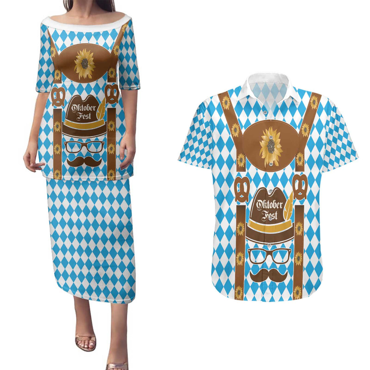 Germany Oktoberfest Couples Matching Puletasi and Hawaiian Shirt Lederhosen Costume