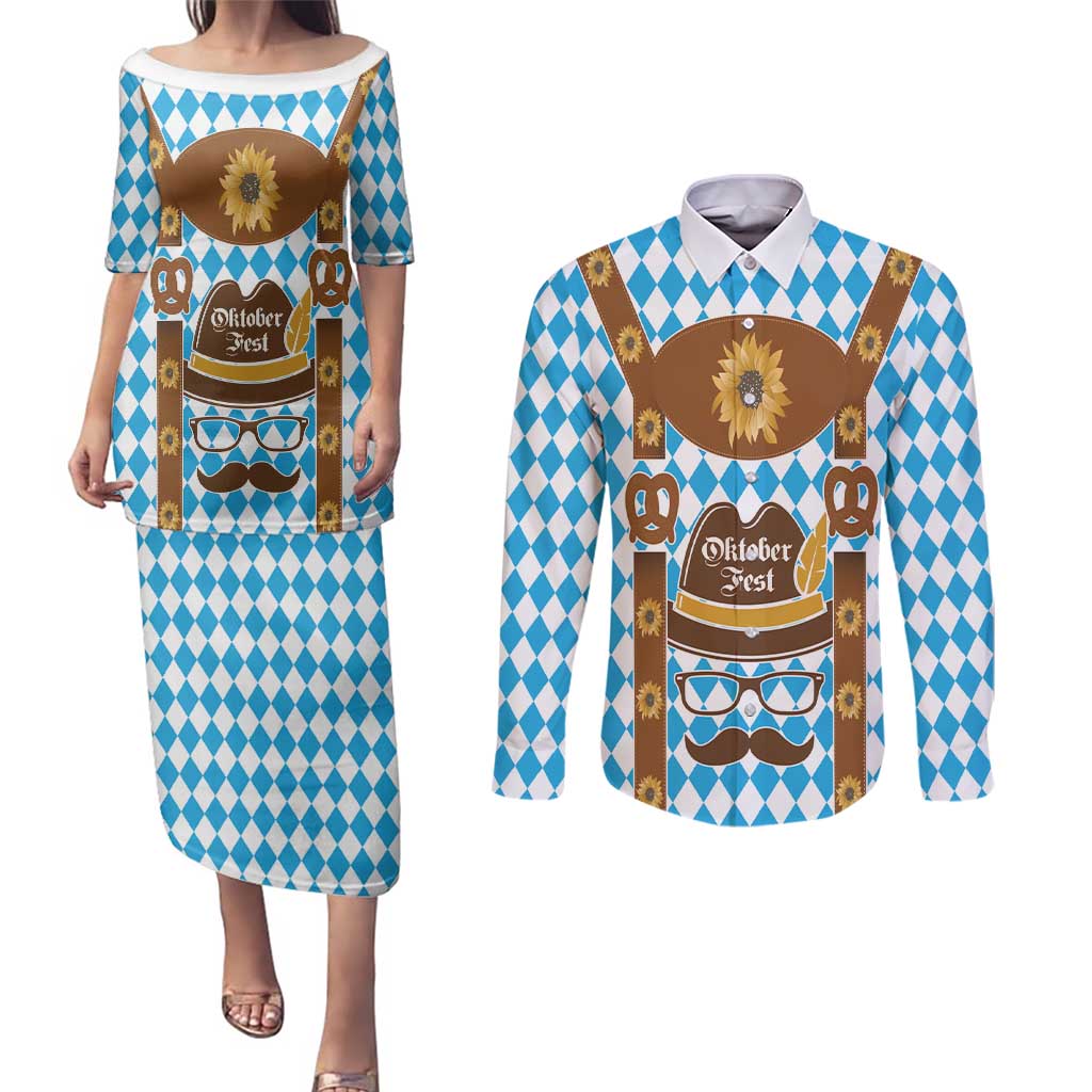 Germany Oktoberfest Couples Matching Puletasi and Long Sleeve Button Shirt Lederhosen Costume