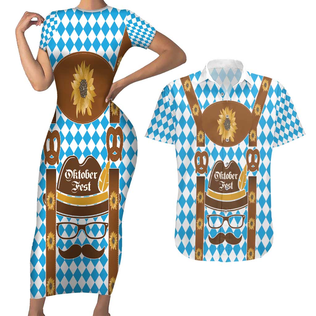 Germany Oktoberfest Couples Matching Short Sleeve Bodycon Dress and Hawaiian Shirt Lederhosen Costume