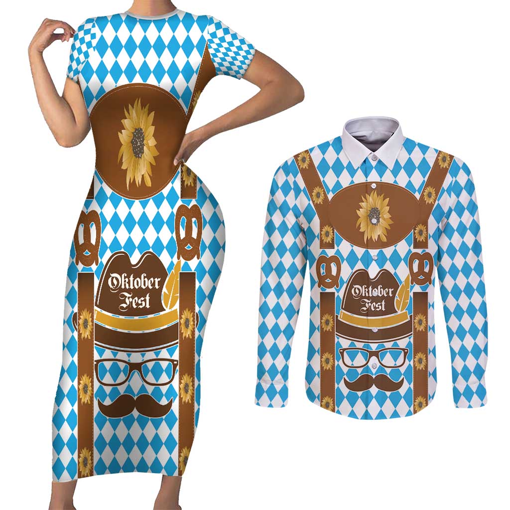Germany Oktoberfest Couples Matching Short Sleeve Bodycon Dress and Long Sleeve Button Shirt Lederhosen Costume