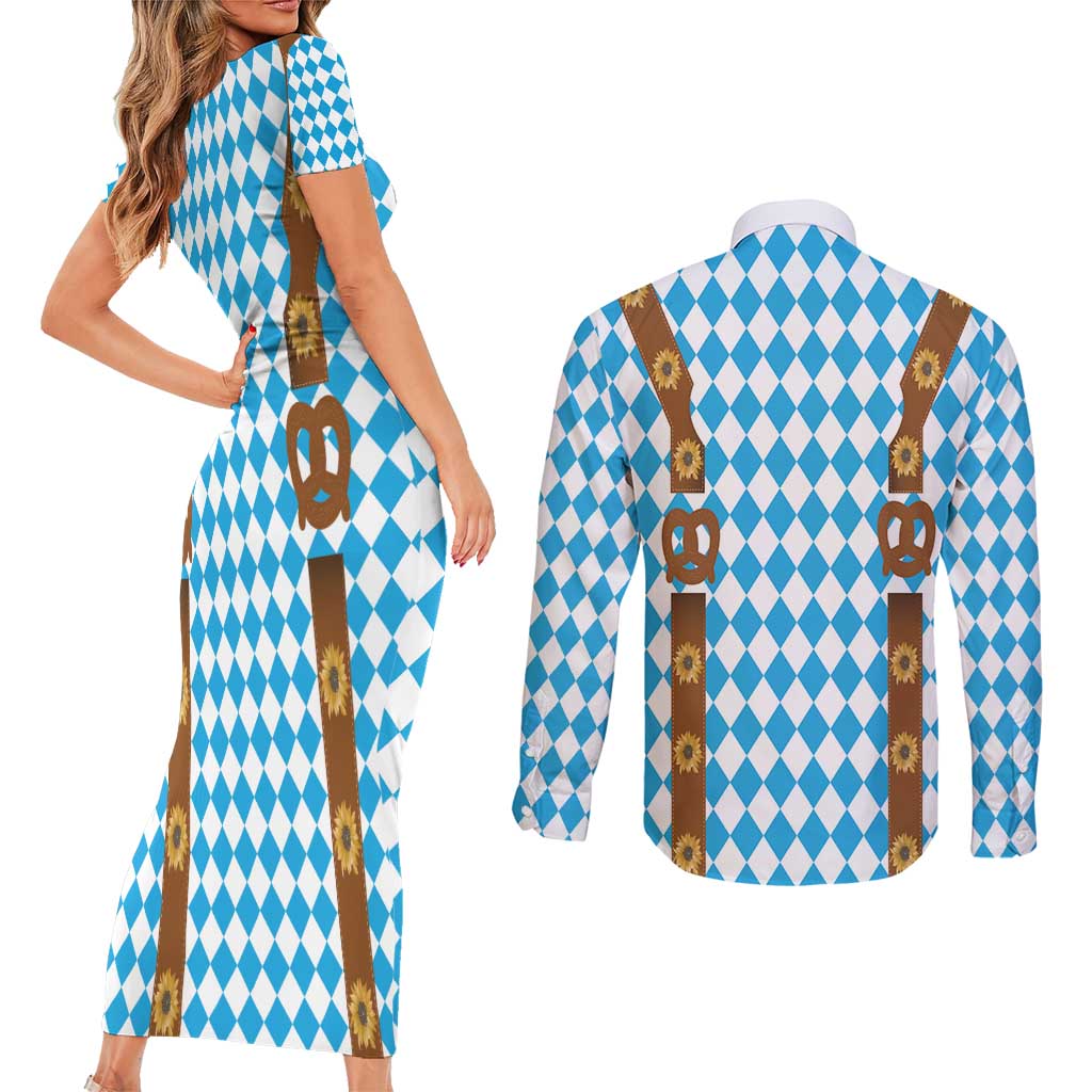 Germany Oktoberfest Couples Matching Short Sleeve Bodycon Dress and Long Sleeve Button Shirt Lederhosen Costume