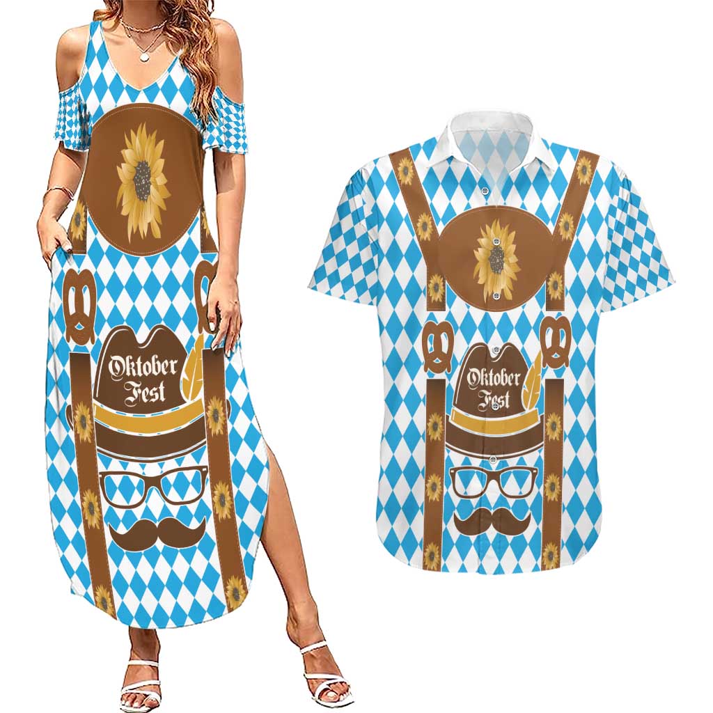 Germany Oktoberfest Couples Matching Summer Maxi Dress and Hawaiian Shirt Lederhosen Costume