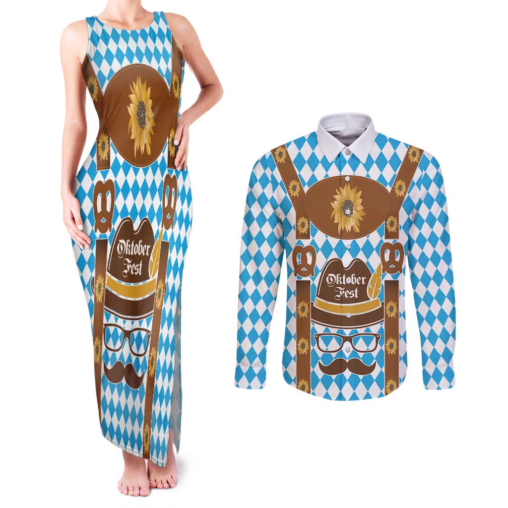 Germany Oktoberfest Couples Matching Tank Maxi Dress and Long Sleeve Button Shirt Lederhosen Costume