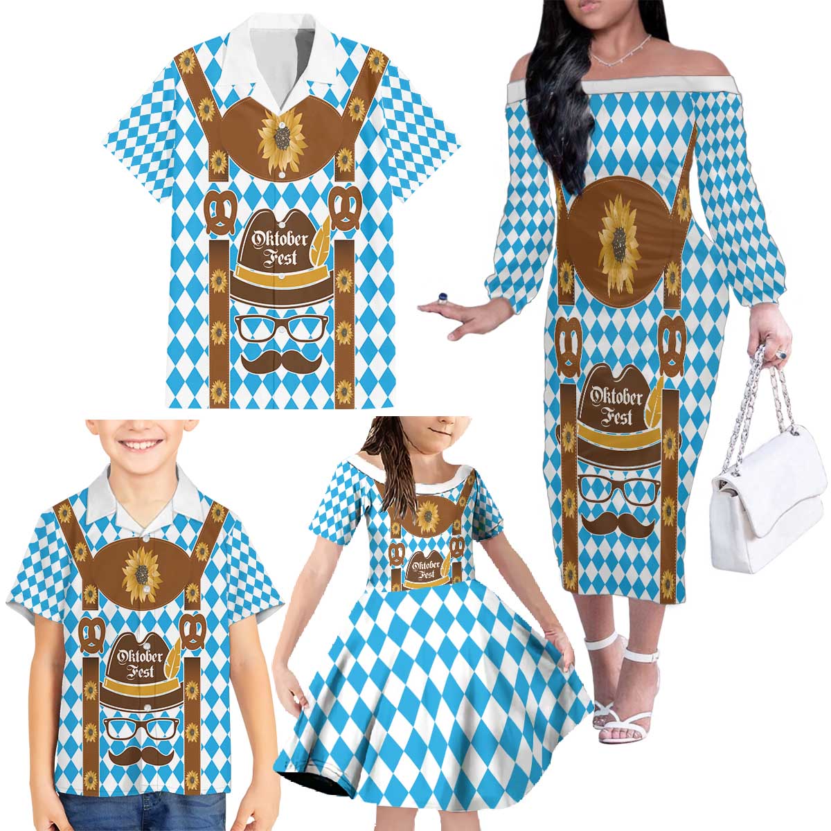 Germany Oktoberfest Family Matching Off The Shoulder Long Sleeve Dress and Hawaiian Shirt Lederhosen Costume