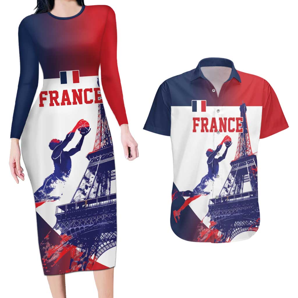Custom France Basketball Couples Matching Long Sleeve Bodycon Dress and Hawaiian Shirt Eiffel Tower Sporty Style