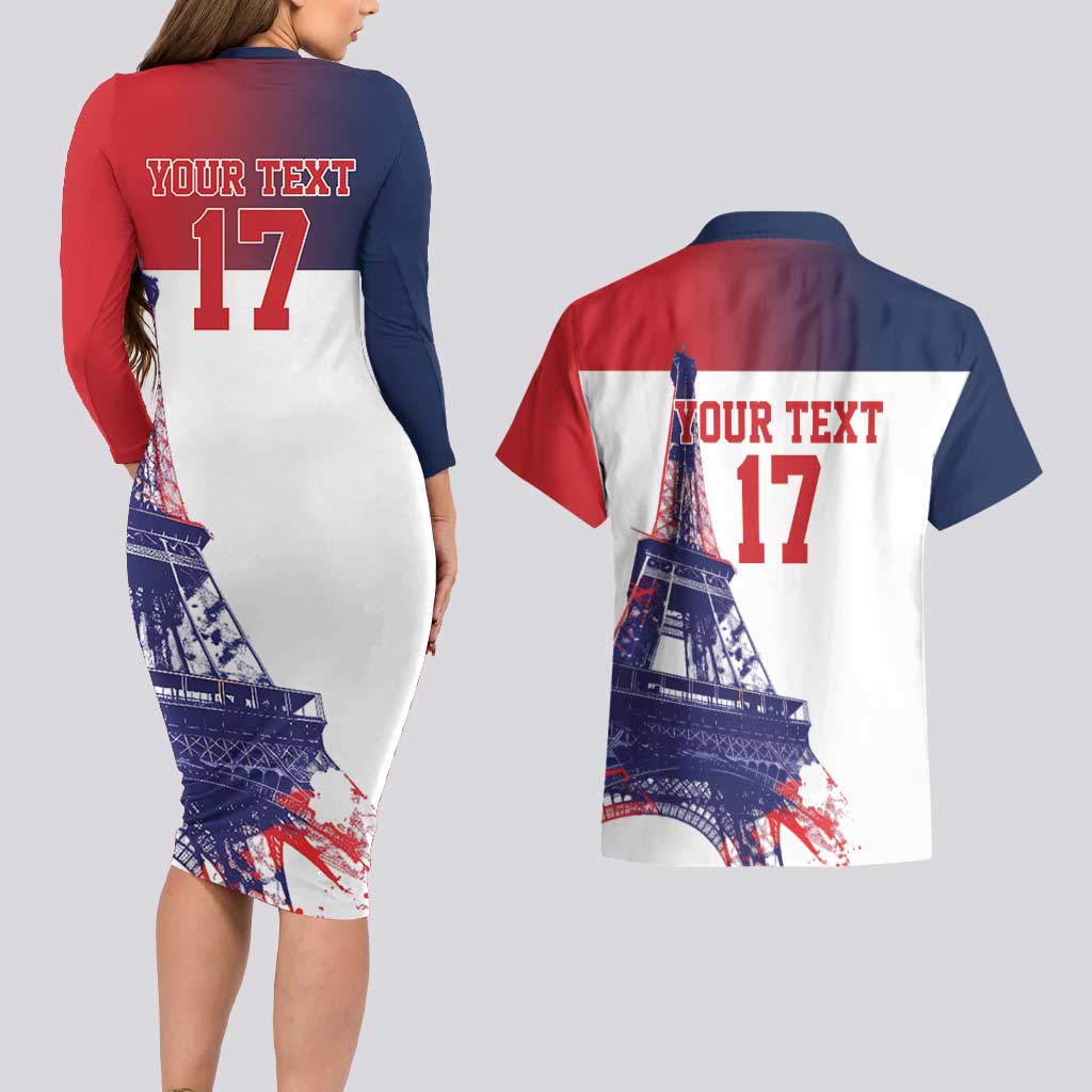 Custom France Basketball Couples Matching Long Sleeve Bodycon Dress and Hawaiian Shirt Eiffel Tower Sporty Style