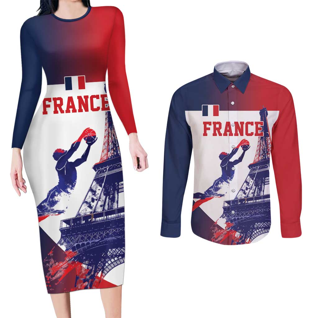 Custom France Basketball Couples Matching Long Sleeve Bodycon Dress and Long Sleeve Button Shirt Eiffel Tower Sporty Style