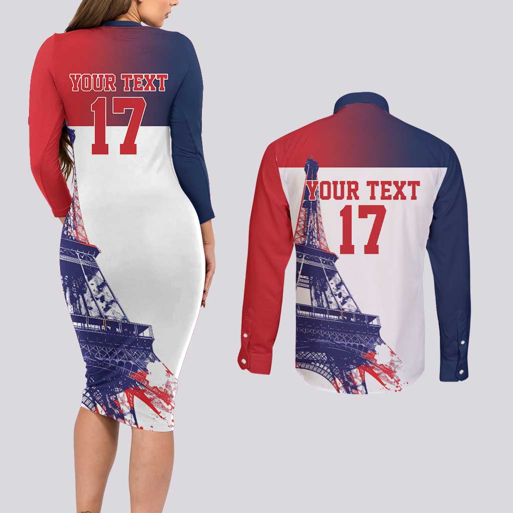 Custom France Basketball Couples Matching Long Sleeve Bodycon Dress and Long Sleeve Button Shirt Eiffel Tower Sporty Style