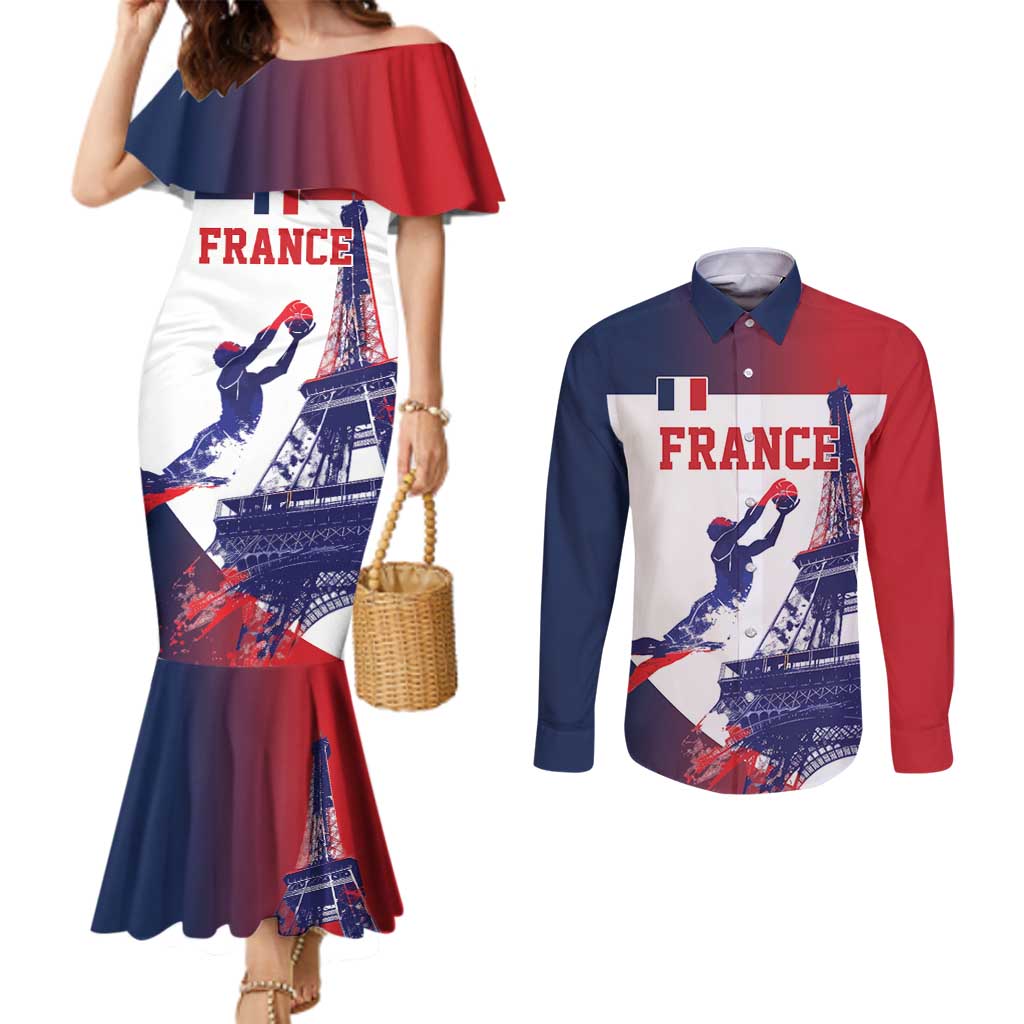 Custom France Basketball Couples Matching Mermaid Dress and Long Sleeve Button Shirt Eiffel Tower Sporty Style