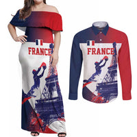 Custom France Basketball Couples Matching Off Shoulder Maxi Dress and Long Sleeve Button Shirt Eiffel Tower Sporty Style