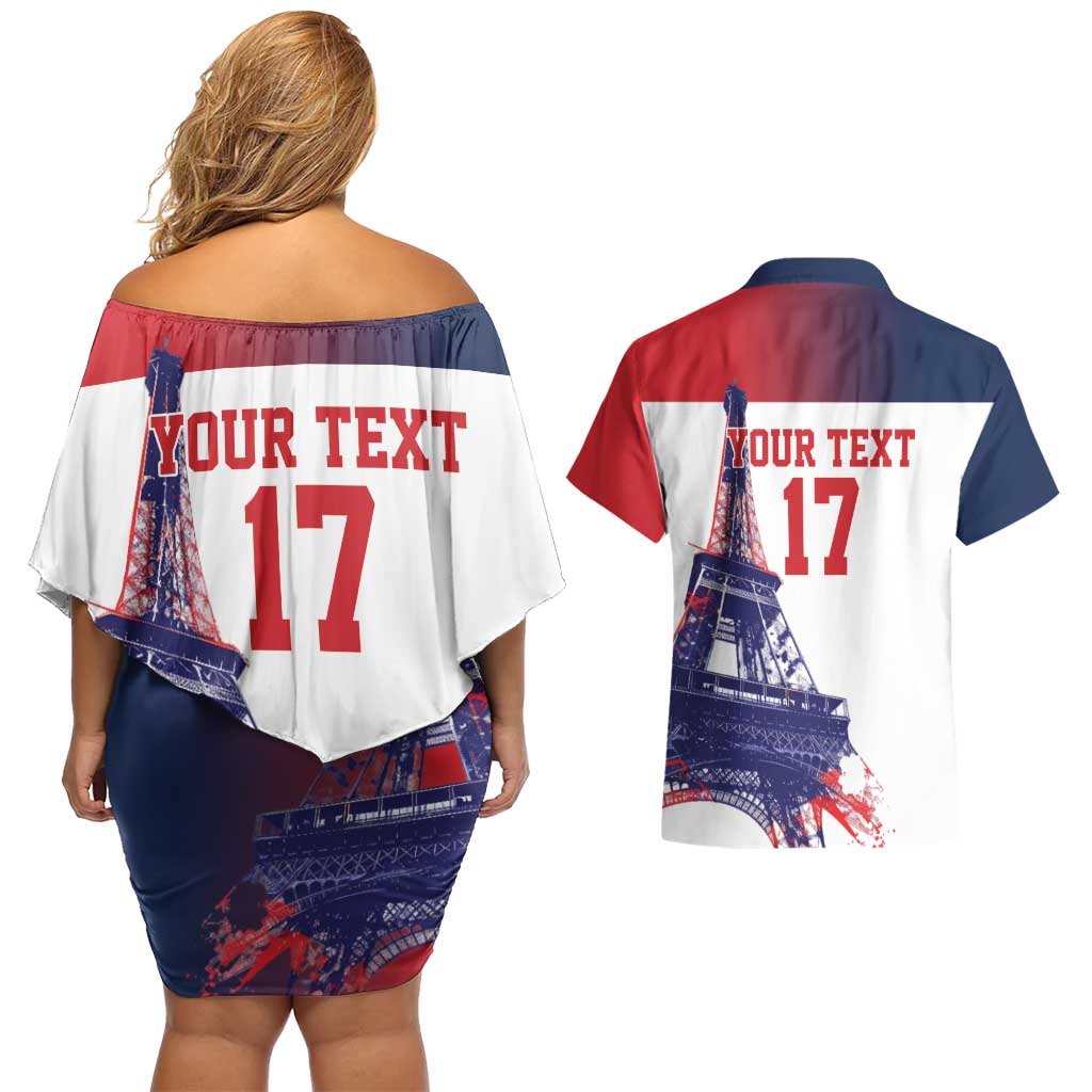 Custom France Basketball Couples Matching Off Shoulder Short Dress and Hawaiian Shirt Eiffel Tower Sporty Style