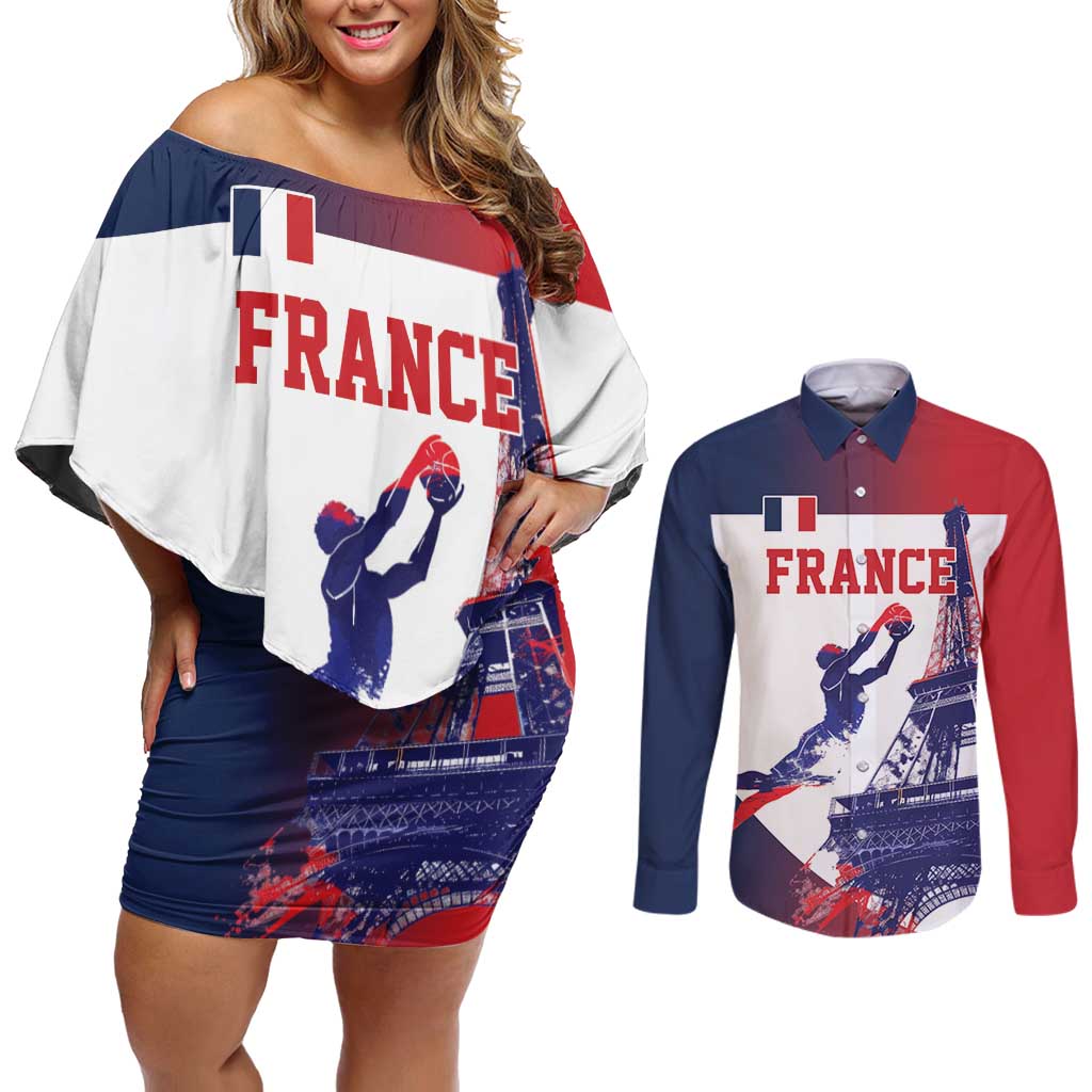 Custom France Basketball Couples Matching Off Shoulder Short Dress and Long Sleeve Button Shirt Eiffel Tower Sporty Style