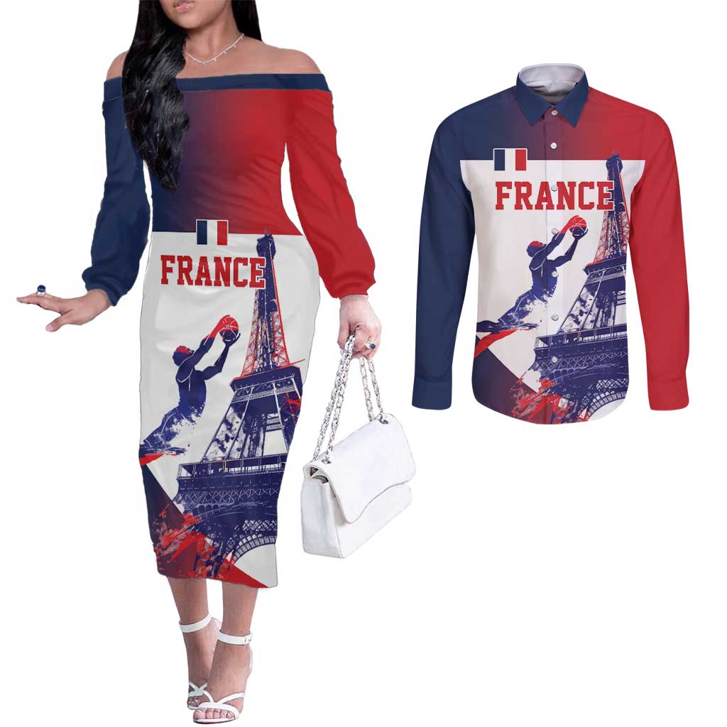 Custom France Basketball Couples Matching Off The Shoulder Long Sleeve Dress and Long Sleeve Button Shirt Eiffel Tower Sporty Style