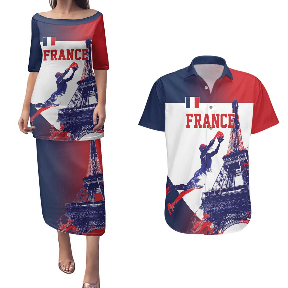 Custom France Basketball Couples Matching Puletasi and Hawaiian Shirt Eiffel Tower Sporty Style