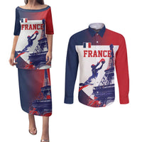 Custom France Basketball Couples Matching Puletasi and Long Sleeve Button Shirt Eiffel Tower Sporty Style