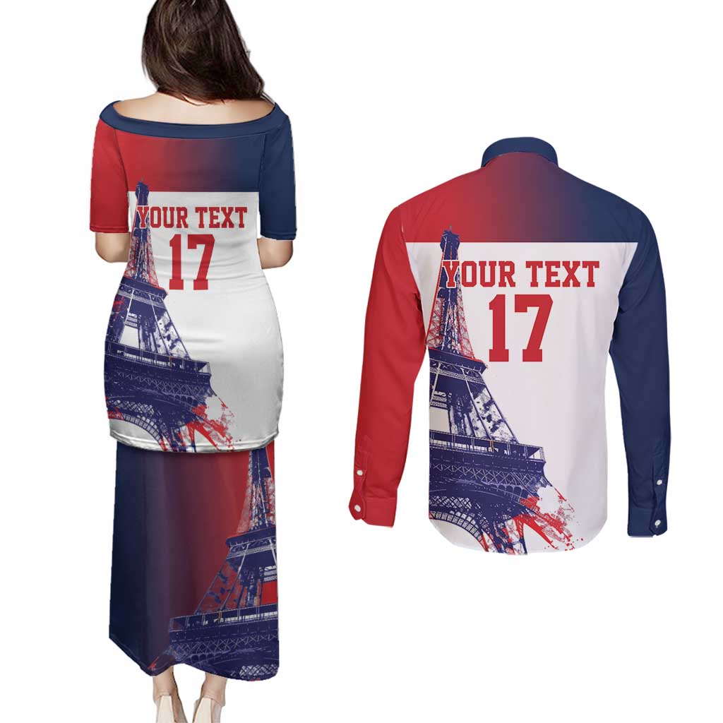 Custom France Basketball Couples Matching Puletasi and Long Sleeve Button Shirt Eiffel Tower Sporty Style