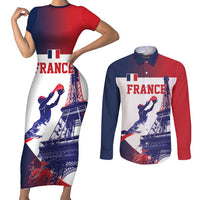 Custom France Basketball Couples Matching Short Sleeve Bodycon Dress and Long Sleeve Button Shirt Eiffel Tower Sporty Style