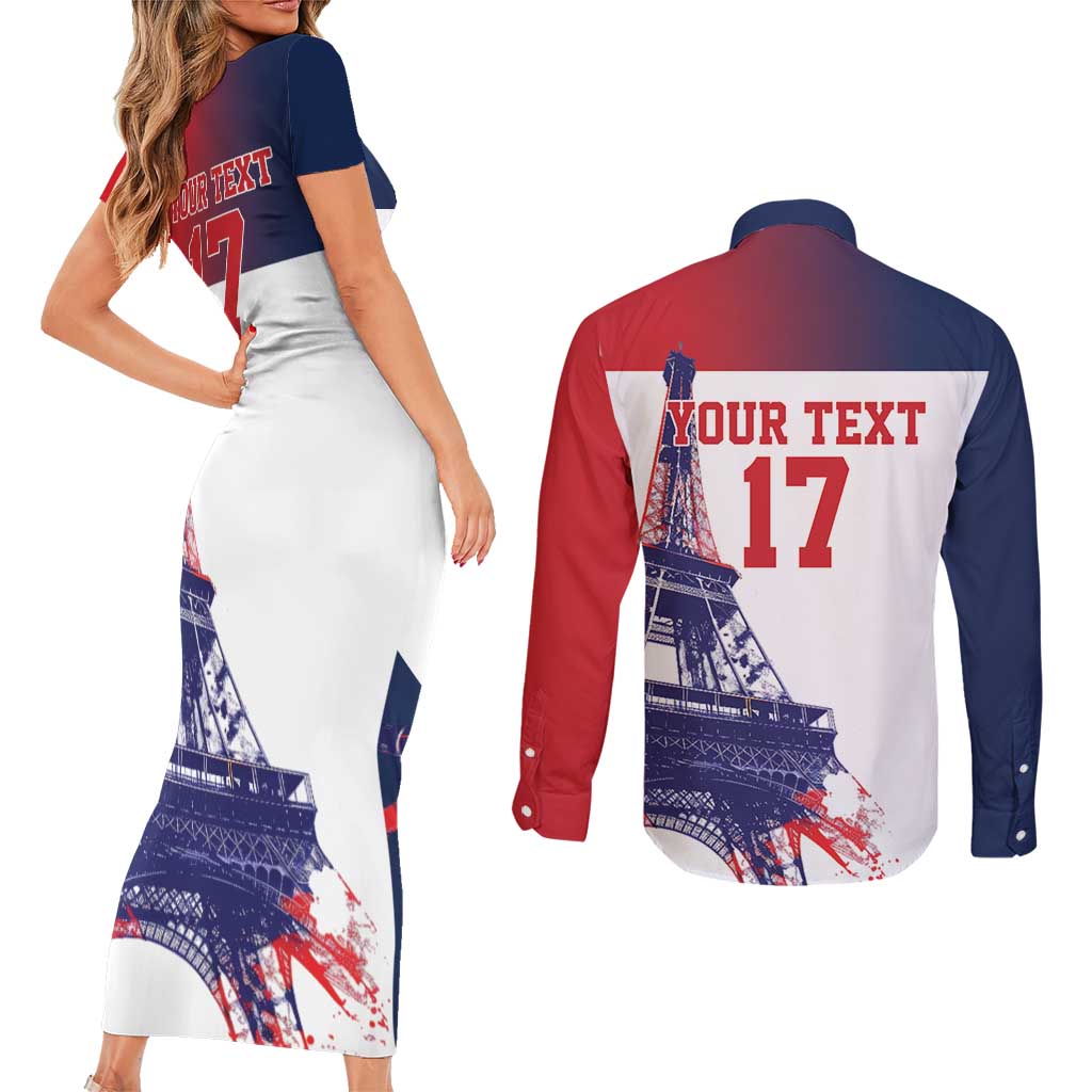 Custom France Basketball Couples Matching Short Sleeve Bodycon Dress and Long Sleeve Button Shirt Eiffel Tower Sporty Style