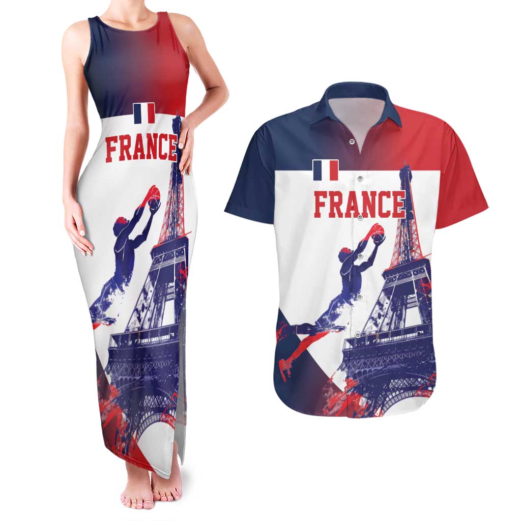 Custom France Basketball Couples Matching Tank Maxi Dress and Hawaiian Shirt Eiffel Tower Sporty Style
