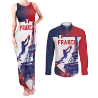 Custom France Basketball Couples Matching Tank Maxi Dress and Long Sleeve Button Shirt Eiffel Tower Sporty Style