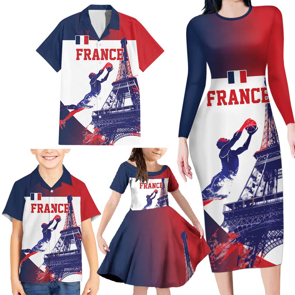 Custom France Basketball Family Matching Long Sleeve Bodycon Dress and Hawaiian Shirt Eiffel Tower Sporty Style