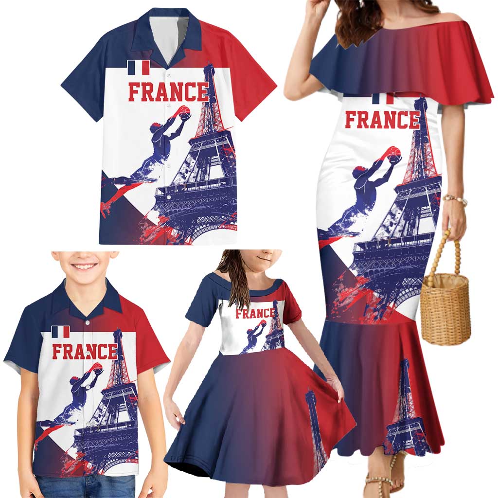Custom France Basketball Family Matching Mermaid Dress and Hawaiian Shirt Eiffel Tower Sporty Style