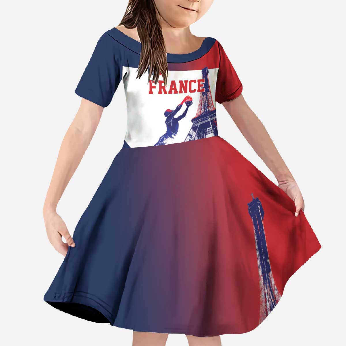 Custom France Basketball Family Matching Off The Shoulder Long Sleeve Dress and Hawaiian Shirt Eiffel Tower Sporty Style