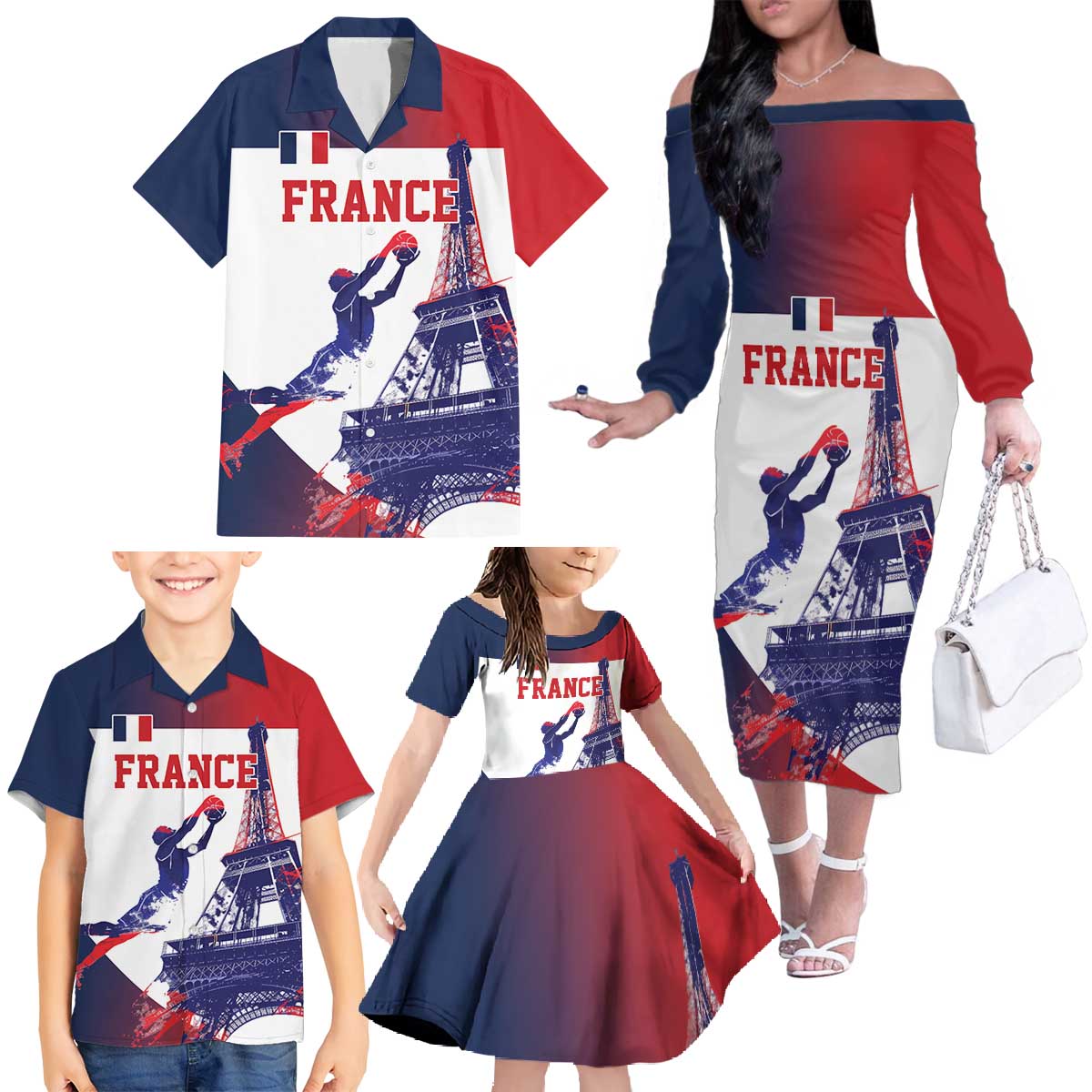 Custom France Basketball Family Matching Off The Shoulder Long Sleeve Dress and Hawaiian Shirt Eiffel Tower Sporty Style