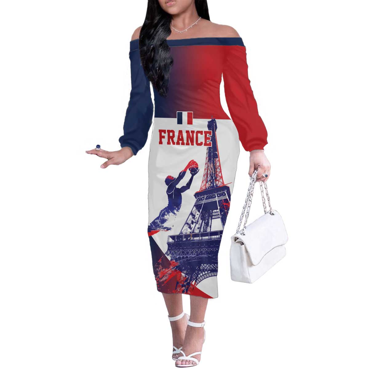 Custom France Basketball Family Matching Off The Shoulder Long Sleeve Dress and Hawaiian Shirt Eiffel Tower Sporty Style
