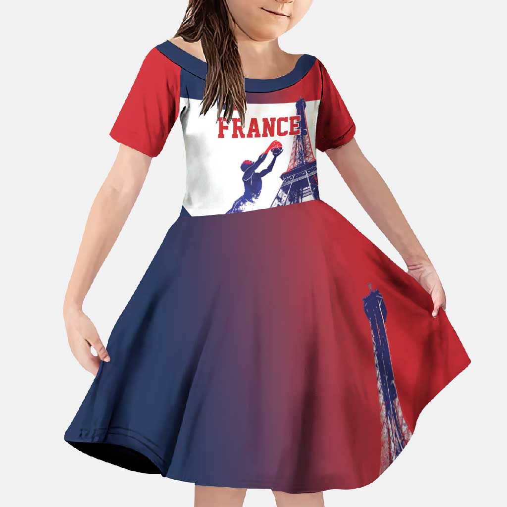 Custom France Basketball Family Matching Off Shoulder Maxi Dress and Hawaiian Shirt Eiffel Tower Sporty Style