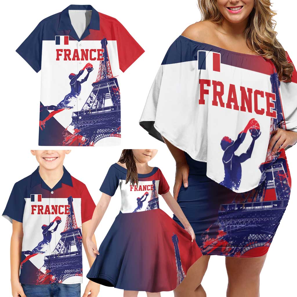 Custom France Basketball Family Matching Off Shoulder Short Dress and Hawaiian Shirt Eiffel Tower Sporty Style