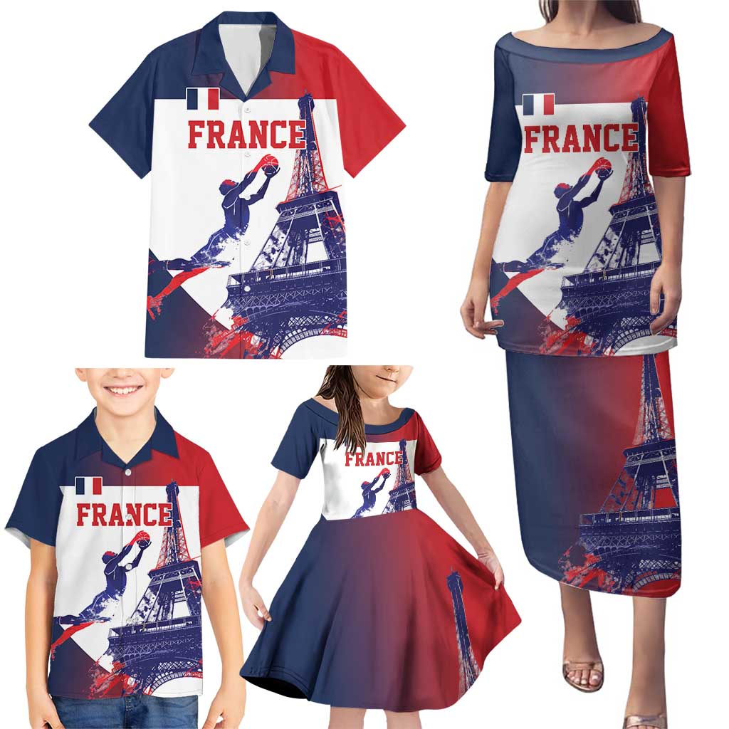 Custom France Basketball Family Matching Puletasi and Hawaiian Shirt Eiffel Tower Sporty Style