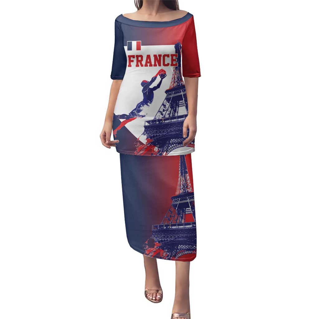 Custom France Basketball Family Matching Puletasi and Hawaiian Shirt Eiffel Tower Sporty Style