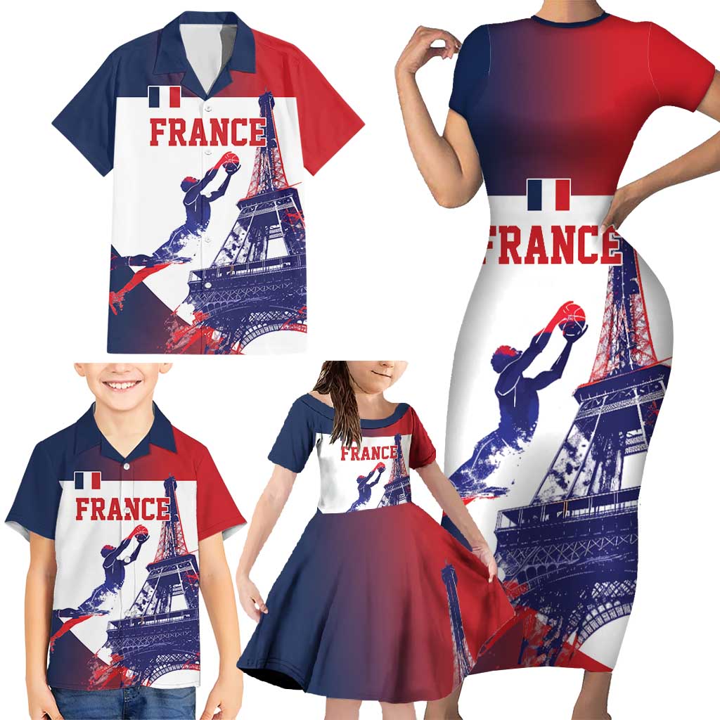 Custom France Basketball Family Matching Short Sleeve Bodycon Dress and Hawaiian Shirt Eiffel Tower Sporty Style