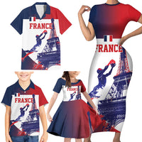 Custom France Basketball Family Matching Short Sleeve Bodycon Dress and Hawaiian Shirt Eiffel Tower Sporty Style