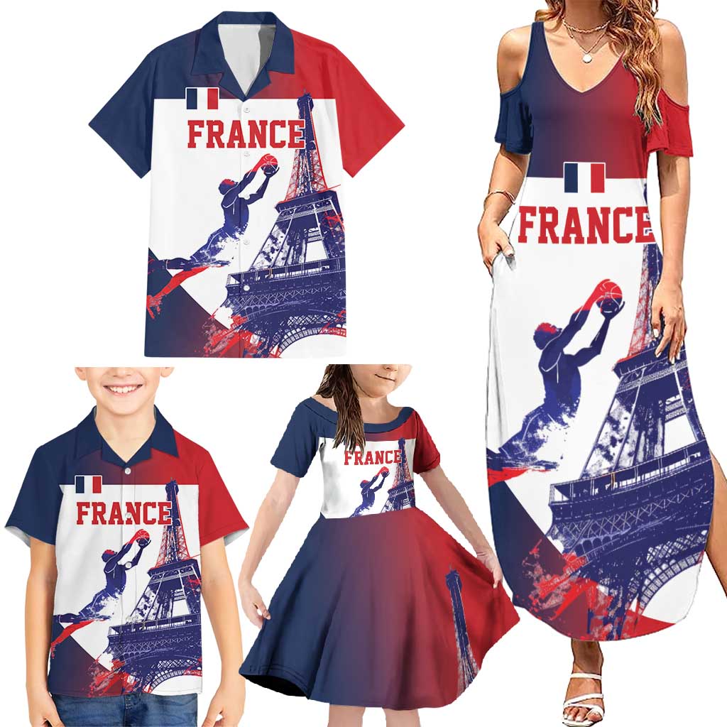 Custom France Basketball Family Matching Summer Maxi Dress and Hawaiian Shirt Eiffel Tower Sporty Style