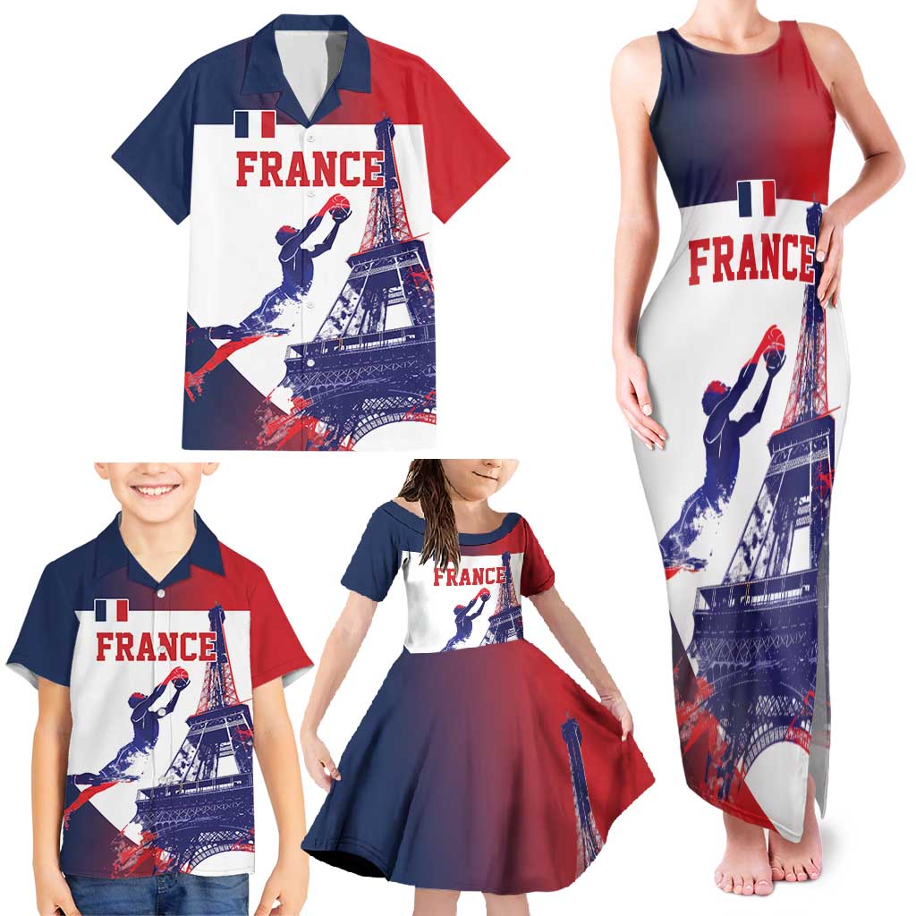 Custom France Basketball Family Matching Tank Maxi Dress and Hawaiian Shirt Eiffel Tower Sporty Style
