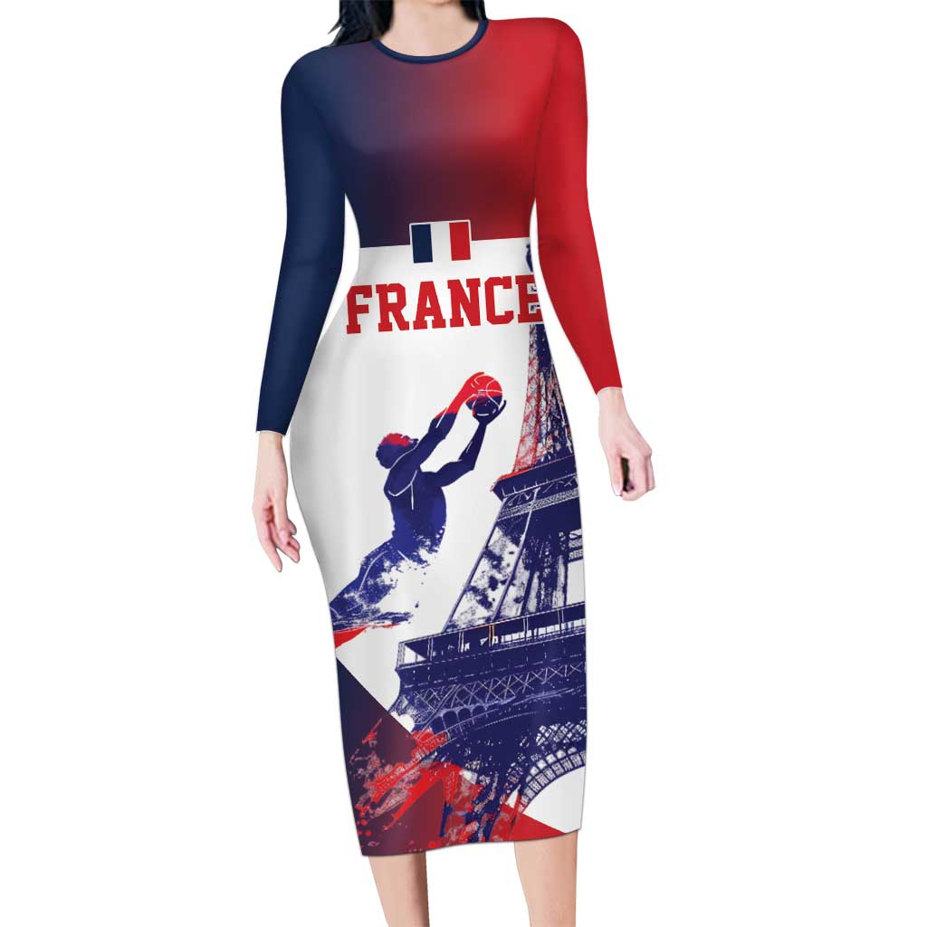 Custom France Basketball Long Sleeve Bodycon Dress Eiffel Tower Sporty Style